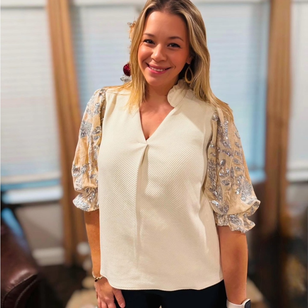 THML  Cream and Silver Christmas Holiday Top
